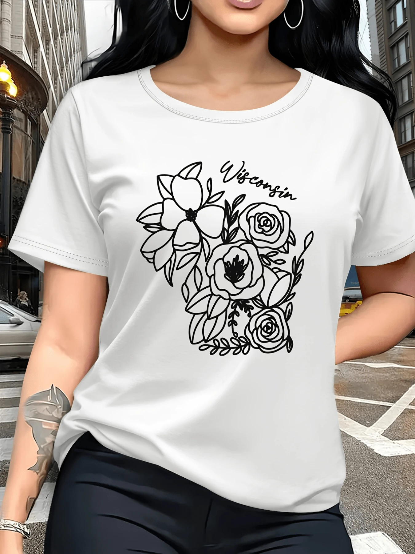 Flores entrelazadas que simbolizan la conexión con la naturaleza y la serenidad del alma femenina con líneas suaves y palabra evocando libertad y calma camiseta de mujer casual moderna cómoda para diario - Blanco - Ver 1