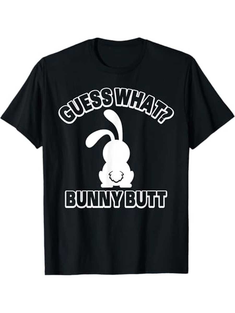 1 Men's Easter Bunny Print T-Shirt, 100% Cotton, Crew Neck, Slightly Stretchy, Mature Style, Regular Fit, All-Season Knit Fabric - Black - 黑色 - 查看 1
