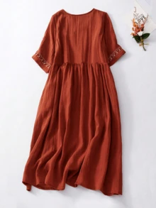 春夏秋復古簡約寬鬆刺繡通勤度假日常穿搭百搭A字洋裝，波希米亞風藝術優雅圓領刺繡休閒通勤中長洋裝，優雅刺繡女款A字洋裝 - 酒紅色 - 查看 8