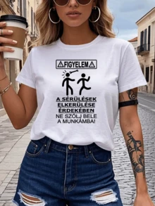 Warning Symbols Depicting A Humorous Scene Where One Person Is Hit While Another Runs Away Convey A Lighthearted Message About Caution And Work. Modern Casual Women's T-Shirt For Everyday Wear. - White - View 6
