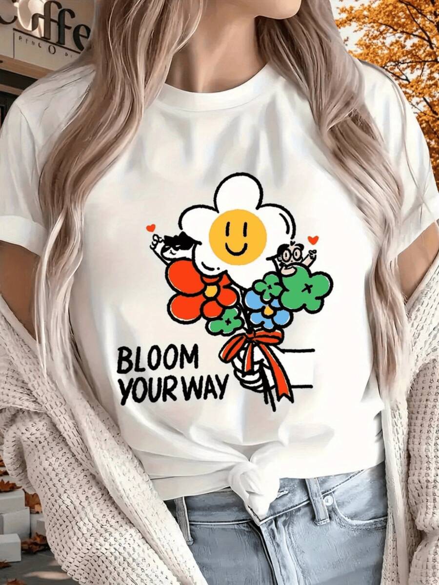 Bouquet Of Smiling Flowers With Happy Characters Celebrating Friendship And Conveying Positive Energy With Red Hearts And A Colorful Bow. Casual, Comfortable, Modern Women's T-Shirt - 白色 - 查看 1