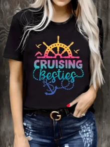 Nautical Wheel With Flying Birds And Anchor Wrapped In Rope Symbolizing Freedom, Friendship And Adventurous Spirit Of The Sea. Women's Casual, Comfortable, Stylish Summer T-Shirt - 黑色 - 查看 6