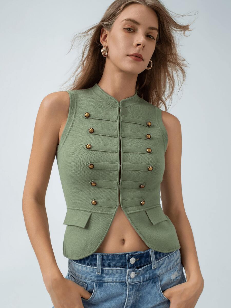 HZXVIC Áo vest dệt kim không tay kiểu dáng thường ngày mới dành cho nữ mùa hè, phối dây thắt nút. - Màu xanh Ô liu - Xem 1