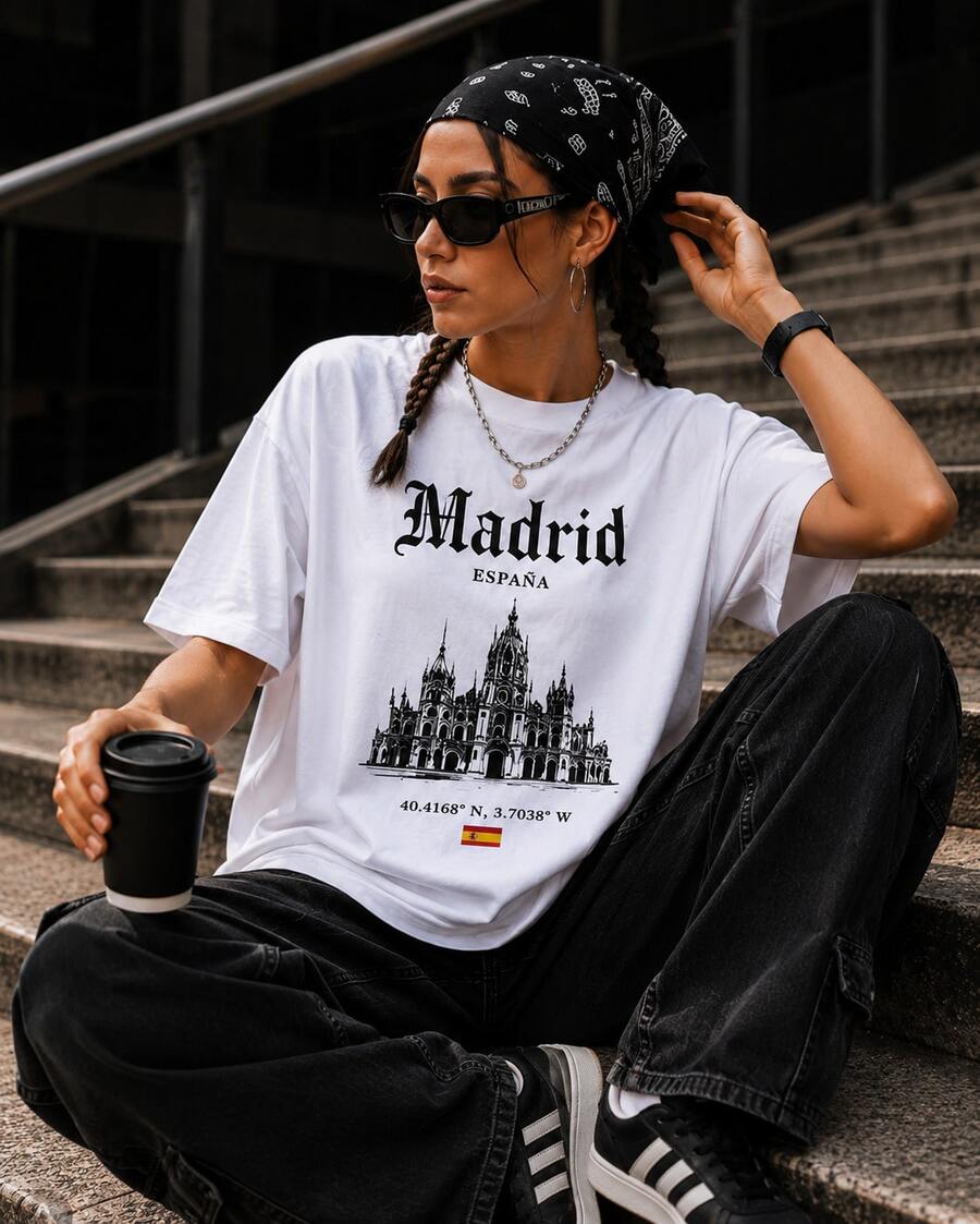 Local Delivery: Women's Oversized White T-Shirt "Madrid Spain", Casual Short Sleeve With Cibeles Palace Print - 白色 - 查看 1