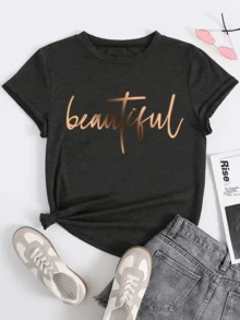 Beautiful Word Written In Gold Tone Symbolizing Confidence, Elegance And Self-Love, Inspiring To Radiate Positive Energy And An Optimistic Attitude. Women's Casual Modern Comfortable T-Shirt For Everyday Wear - 黑色 - 查看 8