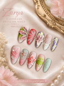 10pcs Handmade Almond Press On Nails, Pastel Pink Green Glossy Fake Nails With 3D Flower, Butterfly, Pearl & Soft Floral Nail Art For Women Including Nail Art Tools(1 Sheets Stickers+1PC Nail File),Suitable Daily, Casual, Wedding,Holiday Wear, Best Women And Girls - A11 - 查看 4