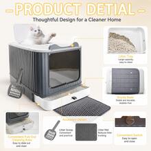 White Gray Semi-Closed Cat Litter Box, 50*35*35cm Anti-Splash Pull-Out Cat Toilet With Scoop And Litter Mat For Small And Medium Cats - White Grey - View 4