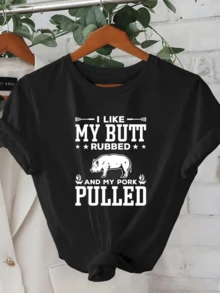 Funny Text With A Pig, A Symbol Of Love For Barbecues And Outdoor Cooking, Showing Fun Humor And A Relaxed Attitude. Comfortable Casual Women's T-Shirt For Summer. - 黑色 - 查看 6