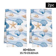 2pcs Summer Blue Ocean Shell Pattern Kitchen Towels, Soft Polyester Material Dish Cloths, Suitable For Kitchen Decor, Cleaning, Holiday Party Decoration, Kitchen & Bathroom Essentials, Home Decor, Housewarming Gift - Multicolor - View 3