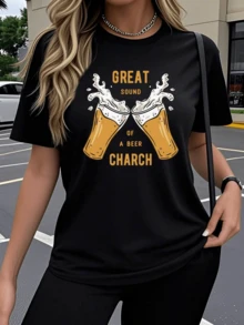Two Glasses Of Beer Toasting With Foam Celebrate Friendship And The Cheerful Sound Of A Toast Full Of Energy And Fun. Modern Casual Women's T-Shirt For Everyday Wear - 黑色 - 查看 1