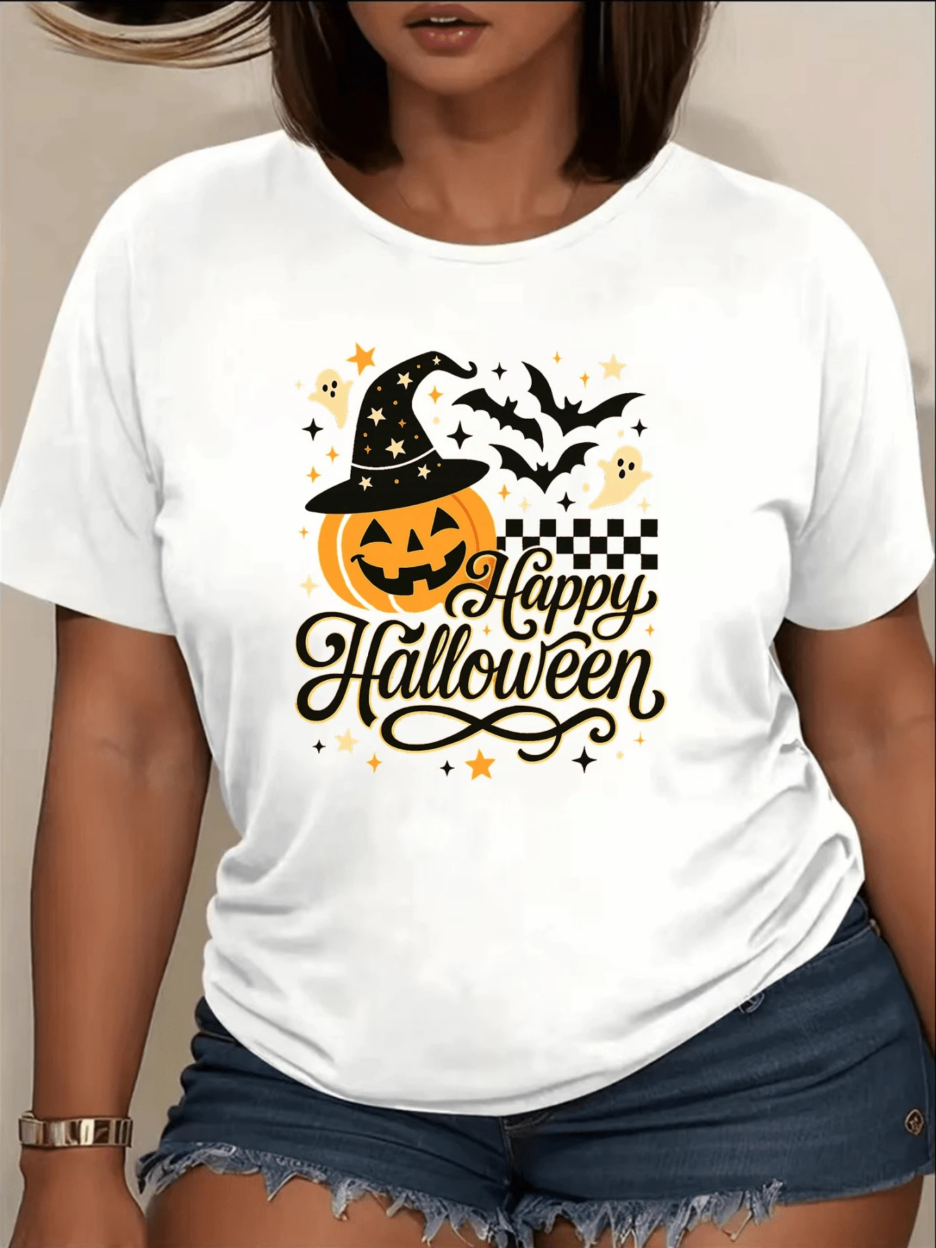 Smiling Pumpkin With Witch Hat, Bats And Little Ghosts Evoking The Joyful Magic Of Halloween, Comfortable Casual Women's T-Shirt For Themed Parties - 白色 - 查看 1