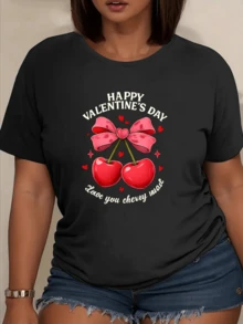 Two Bright Red Cherries Joined By A Pink Ribbon With Hearts Symbolize Love, Sweetness, And Joy On Valentine's Day. Romantic Casual Women's T-Shirt For Summer - 黑色 - 查看 6