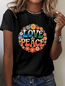 Colorful Words Surrounded By Multicolored Flowers Convey A Powerful Message Of Love And Peace, With Hippie Symbols Evoking Harmony And Positive Energy. This Comfortable And Modern Casual Women's T-Shirt Is Perfect For Everyday Wear. - 黑色 - 查看 8