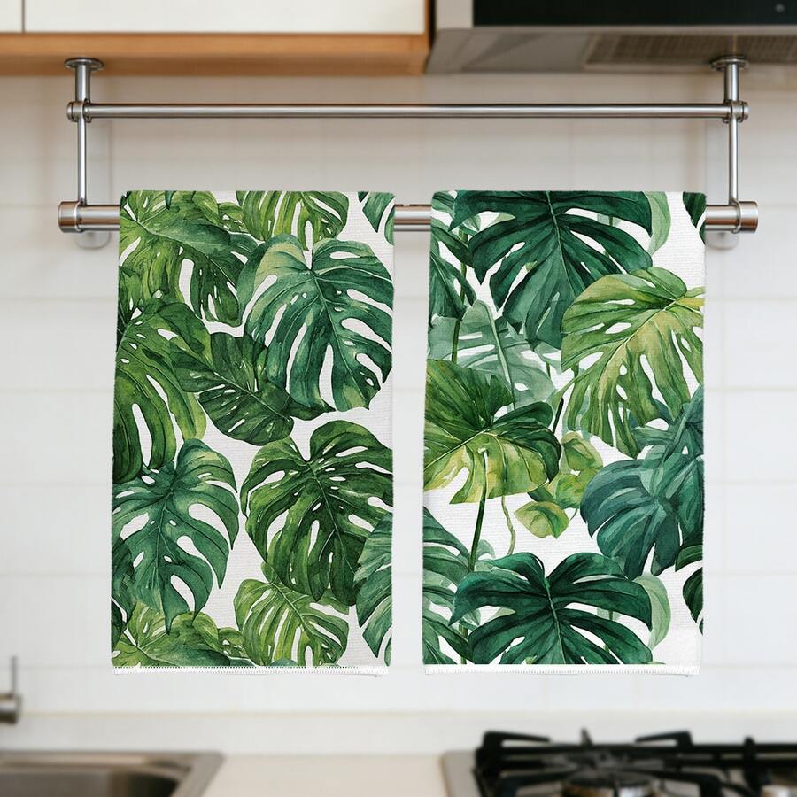 2pcs Minimalist Daily Monstera Leaf Pattern Kitchen Towels, Soft Polyester Material Dish Cloths, Suitable For Kitchen Decor, Cleaning, Holiday Party Decoration, Kitchen & Bathroom Essentials, Home Decor, Housewarming Gift - Multicolor - View 1