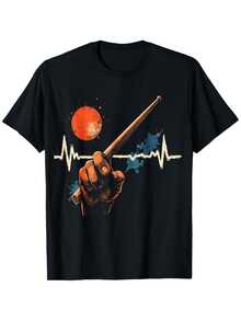 Men's Drummer T-Shirt With Heartbeat Print And Drum Pattern - Loose Fit, Sizes S-XXXL, Machine Washable, Crew Neck, Short Sleeve For Drummers, Concerts, Festivals And Casual Wear - 黑色 - 查看 6