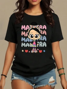 Cartoon Girl With A Large Floral Bow Surrounded By Colorful Letters That Repeat The Word "Teacher" Next To Small Fruit Drawings, A Symbol Of Tenderness And Joy. Funny Casual Women's T-Shirt - 黑色 - 查看 1