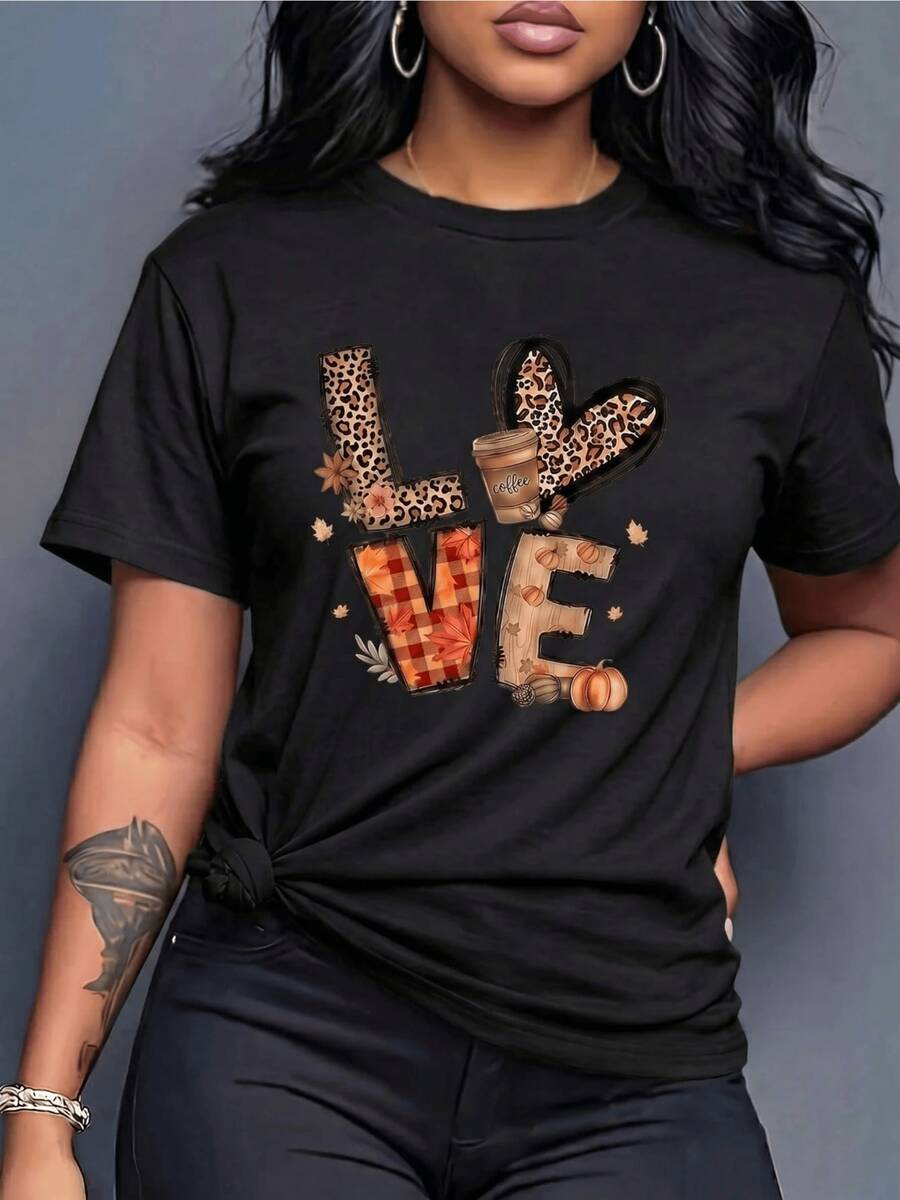 Letters Forming The Word LOVE With A Brown Plaid Texture, Animal Print Heart, Coffee Cup, Dried Leaves And Pumpkins Symbolizing Warmth And Autumnal Love, Modern Casual Women's T-Shirt - 黑色 - 查看 1