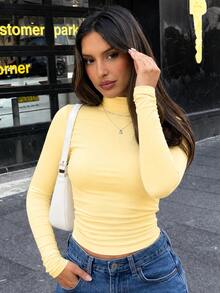 Women's Long Sleeve Turtleneck Blouse With Ribbed Knit Detail - Basic Style - Yellow - View 2
