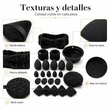 25 Pzs Kit Completo de Brochas y Esponjas de Maquillaje Incluye Set de Lavado Facial Spa con Diadema Muñequeras Limpiador de Brochas y Neceser Transparente de Gran Capacidad Uso Diario Viaje Regalo Perfecto para Mujer - Negro - Ver 4
