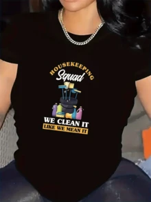 The Garment Depicts A Cleaning Crew With Colorful Products, Brushes, Gloves, And A Motivational Message About Working Diligently. It's A Comfortable, Casual Women's T-Shirt For Everyday Wear. - 黑色 - 查看 6