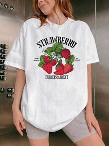 Bouquet Of Bright Red Strawberries With Green Leaves And White Flowers Symbolizing Freshness, Nature, And Vital Energy. Comfortable Casual Women's T-Shirt For Everyday Wear. - 白色 - 查看 1