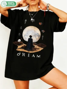 Dreamm Moon Desert Aesthetic Art Graphic 100% Cotton Oversized T-Shirt Y2K Streetwear Unisex Tee For Men Women Gothic Fans Casual Vintage Top. - Black - View 6