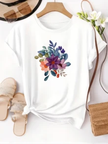 Vibrant Flowers Symbolizing Feminine Energy And Connection With Nature Form A Harmonious Bouquet With Warm Tones And Blue Leaves. Comfortable, Modern Women's T-Shirt For Everyday Wear. - 白色 - 查看 1