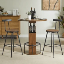 3-Piece Bar Table And Stool Set: 80cm Round Table With Two Stools, Wooden Dining Table With Ring-Shaped Metal Footrests. Suitable For Dining Rooms, Cafes, Bars, Living Rooms, Etc. Walnut. - Khaki - View 3