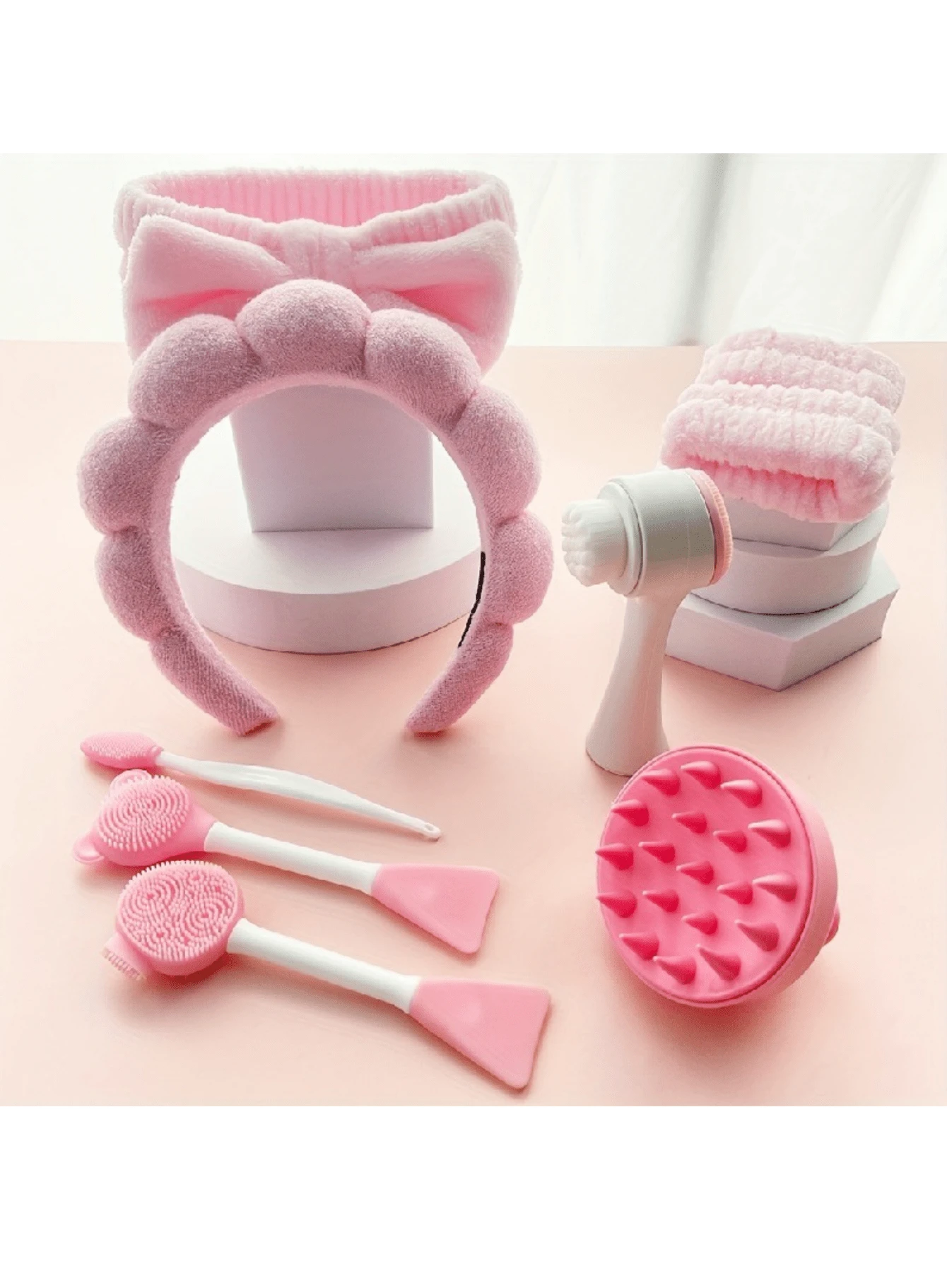 Bộ 9 món rửa mặt và chăm sóc da – Băng đô cài tóc cao + Băng đô scrunchie + Cọ rửa mặt silicon, Vòng cài tóc chống trượt dùng cho trang điểm và chăm sóc sắc đẹp hàng ngày. - Nhiều màu - Xem 1