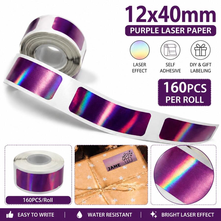 160 捲全息紫色 D30 標籤機標籤帶 - 12x40mm 覆膜熱感標籤 - 耐用裝飾性 D30 D30S 便攜式標籤機耗材 - 查看 1