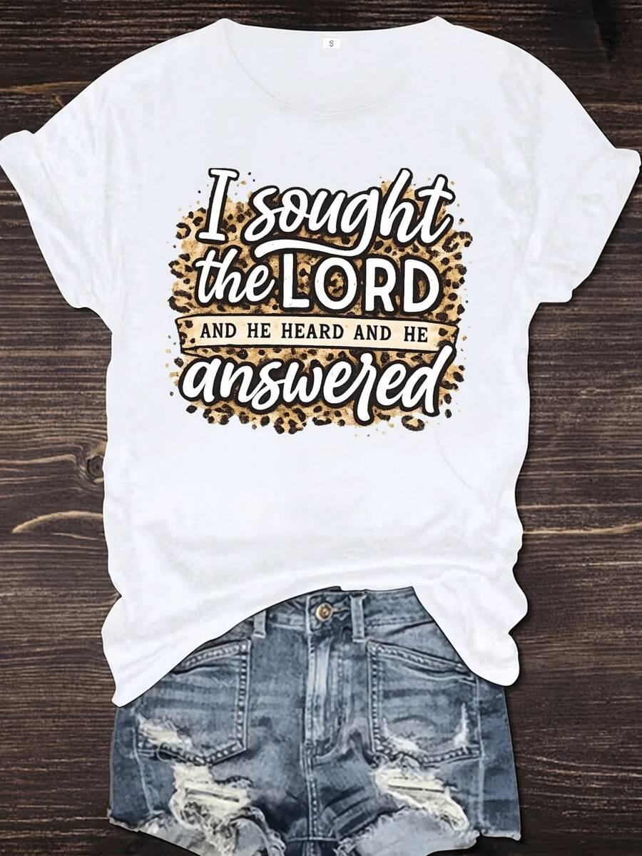Text With An Animal Print Background Expressing Faith And Gratitude, Conveying Hope And Spiritual Strength With A Positive Message. Casual Women's T-Shirts For Everyday Wear, Comfortable And Modern. - White - View 1
