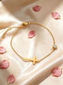 1pc Classic Stainless Steel Chain Bracelet With Glass And Cross Decor, Suitable For Women And Men For Daily Wear - Yellow Gold - View 4