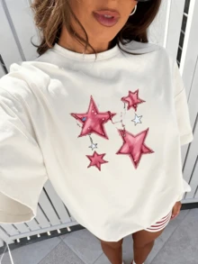 Set Of Pink Stars Symbolizing Dreams And Hope Floating In The Night Sky With Touches Of Bright Light, Comfortable And Fashionable Casual Short-Sleeved T-Shirt For Women - White - View 1
