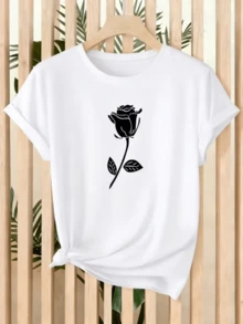 A White Rose With Leaves Symbolizes Purity And Sincere Love, Representing Inner Beauty And Peace Of Mind. Perfect For Conveying Serenity And Elegance On Any Occasion. A Modern, Comfortable, Casual Women's T-Shirt For Everyday Wear. - 白色 - 查看 8
