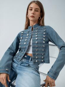 HZXVIC Áo khoác denim ngắn thời trang đường phố cổ đứng cài kim loại kiểu dáng retro mới dành cho nữ - Rửa trung bình - Xem 7