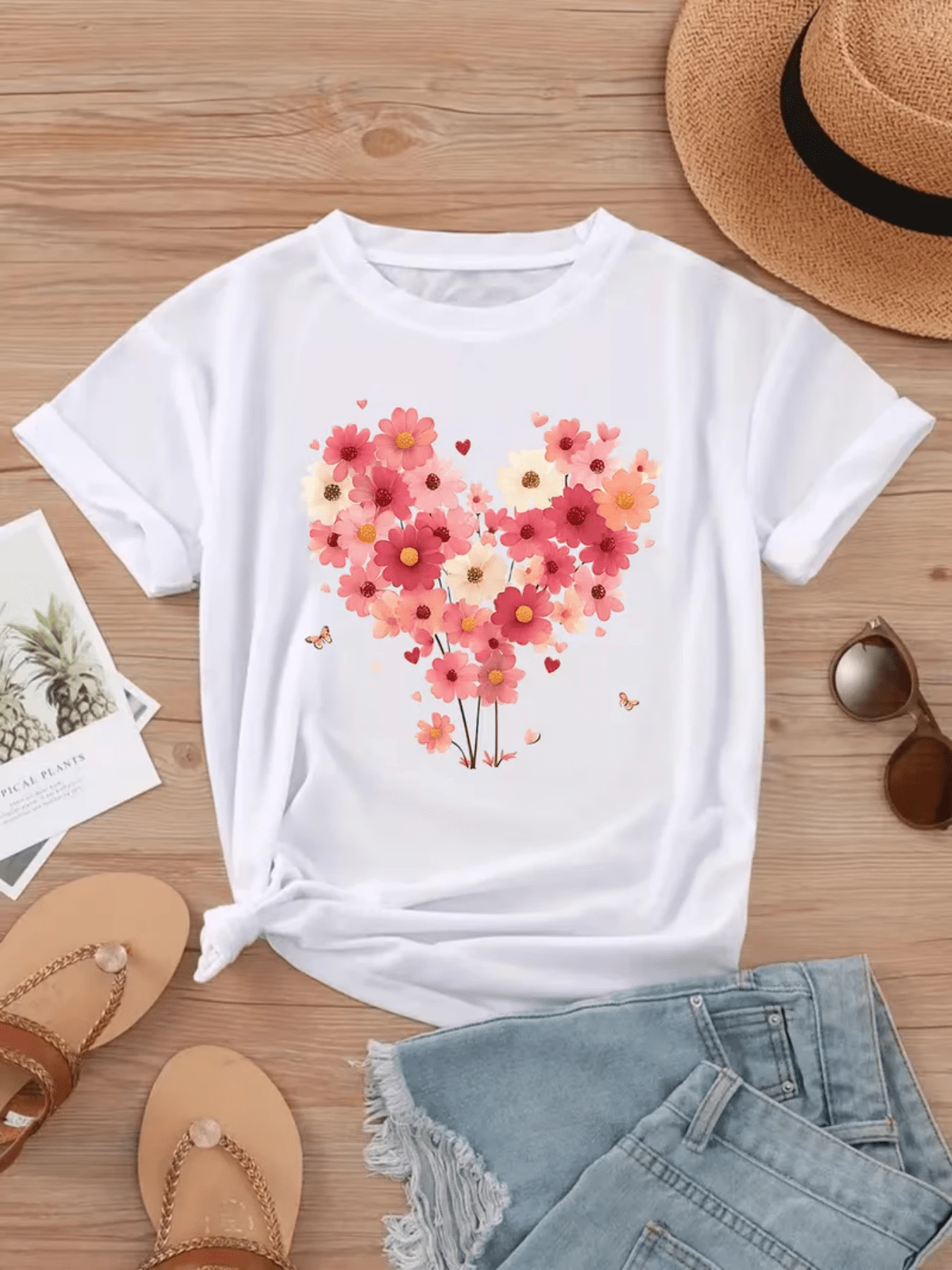 A Heart Formed By Pink And White Flowers Represents The Union Of Nature With Love And Conveys A Feeling Of Tenderness And Joy. A Modern And Comfortable Casual Women's T-Shirt For Everyday Wear. - 白色 - 查看 1