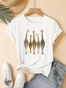 Five Giraffes In Different Shades Of Gold, Symbolizing Unity, Elegance, And Freedom, Against A Dark Background Create A Modern Artistic Contrast. Comfortable And Stylish Casual Women's T-Shirt - White - View 1
