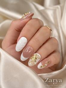 10pcs Handmade Almond Press On Nails, Nude White Gold Glossy Fake Nails With Pearl, Star Charm & Elegant 3D Nail Art For Women Including Nail Art Tools(1 Sheets Stickers+1PC Nail File),Suitable Daily, Casual, Wedding,Holiday Wear, Best Women And Girls - A08 - 查看 2