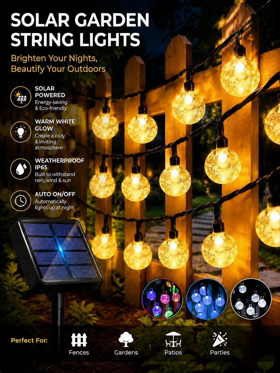 Solar Powered Fairy String Lights, Outdoor Color Changing Crystal Ball Lights, 12 Lighting Modes, LED Fairy RGB Light String, Suitable For Decorating Garden, Yard, Party, Wedding, Gathering, Camping, Fence, Spring & Summer, Trees - Warm White - View 1