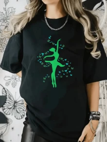 Ballerina Surrounded By Green Butterflies Symbolizing Freedom, Grace, And Connection With Nature In Motion. Attractive, Modern, And Comfortable Women's T-Shirt For Everyday Wear. - 黑色 - 查看 6