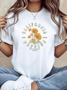 California Poppy Flowers Symbolize Natural Beauty, Freedom, And The Energy Of The Sun, Inspiring Calm And Optimism With A Vintage Touch. Casual, Comfortable, And Modern Women's T-Shirt - 白色 - 查看 1