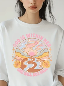 Sunset With Luminous Paths And Flowers Symbolizing Inner Strength, Hope, Faith, And Positive Energy To Overcome Challenges. Casual, Comfortable, And Modern Women's T-Shirt. - 白色 - 查看 6
