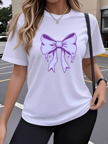 Bright Purple Ribbon Symbolizing Sweetness And Confidence With A Modern Touch In Drops That Evoke Creativity And Freedom. Comfortable, Modern Casual Women's T-Shirt For Summer - 白色 - 查看 1