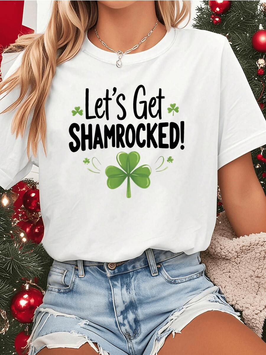 Lucky Green Clover Symbolizing Joy, Friendship, And Positive Energy, Accompanied By Festive Text, Ideal For Celebrating With Humor And Good Spirits. Modern Casual Women's T-Shirt - 白色 - 查看 1