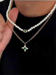 2 chiếc vòng cổ mặt dây chuyền hình ngôi sao đính đá lấp lánh phong cách tối giản thường ngày, vòng cổ nhiều lớp đính ngọc trai giả, dây chuyền móc áo len unisex, vòng cổ choker thiết kế độc đáo sang trọng theo phong cách hipster. - Ngôi sao - Xem 5
