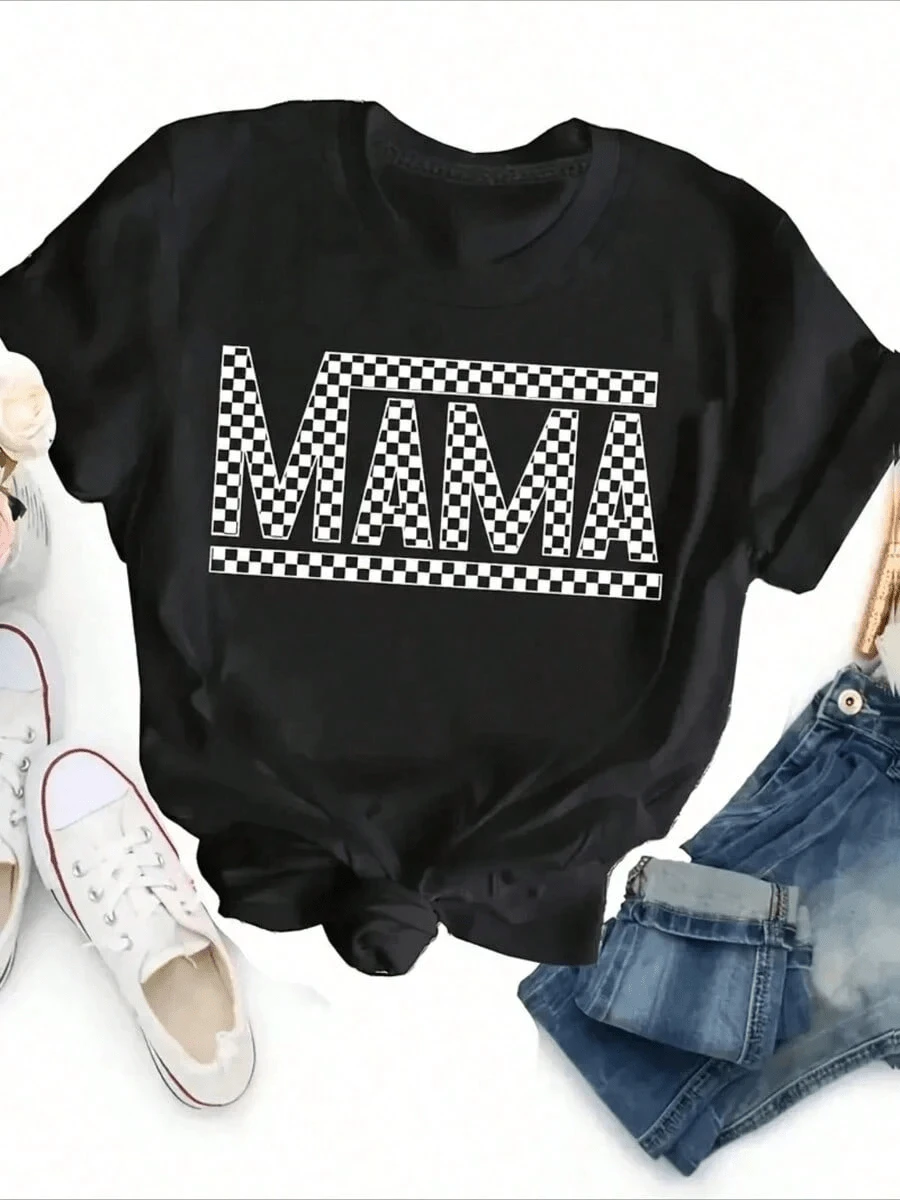 Local -95 Womens-ShirtPAYEAH 1pcs Cotton Mama Letter Print Crew Neck-Shirt - Soft Mid-Elasticity Polyester Short Sleeve - Black - View 1
