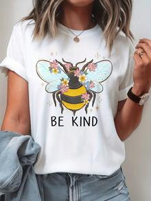 A Bee Surrounded By Colorful Flowers Symbolizes Sweetness, Empathy, And Positive Energy That Inspires Sharing Kindness And Harmony In Every Moment. A Comfortable And Modern Casual Women's T-Shirt For Everyday Wear. - 白色 - 查看 1