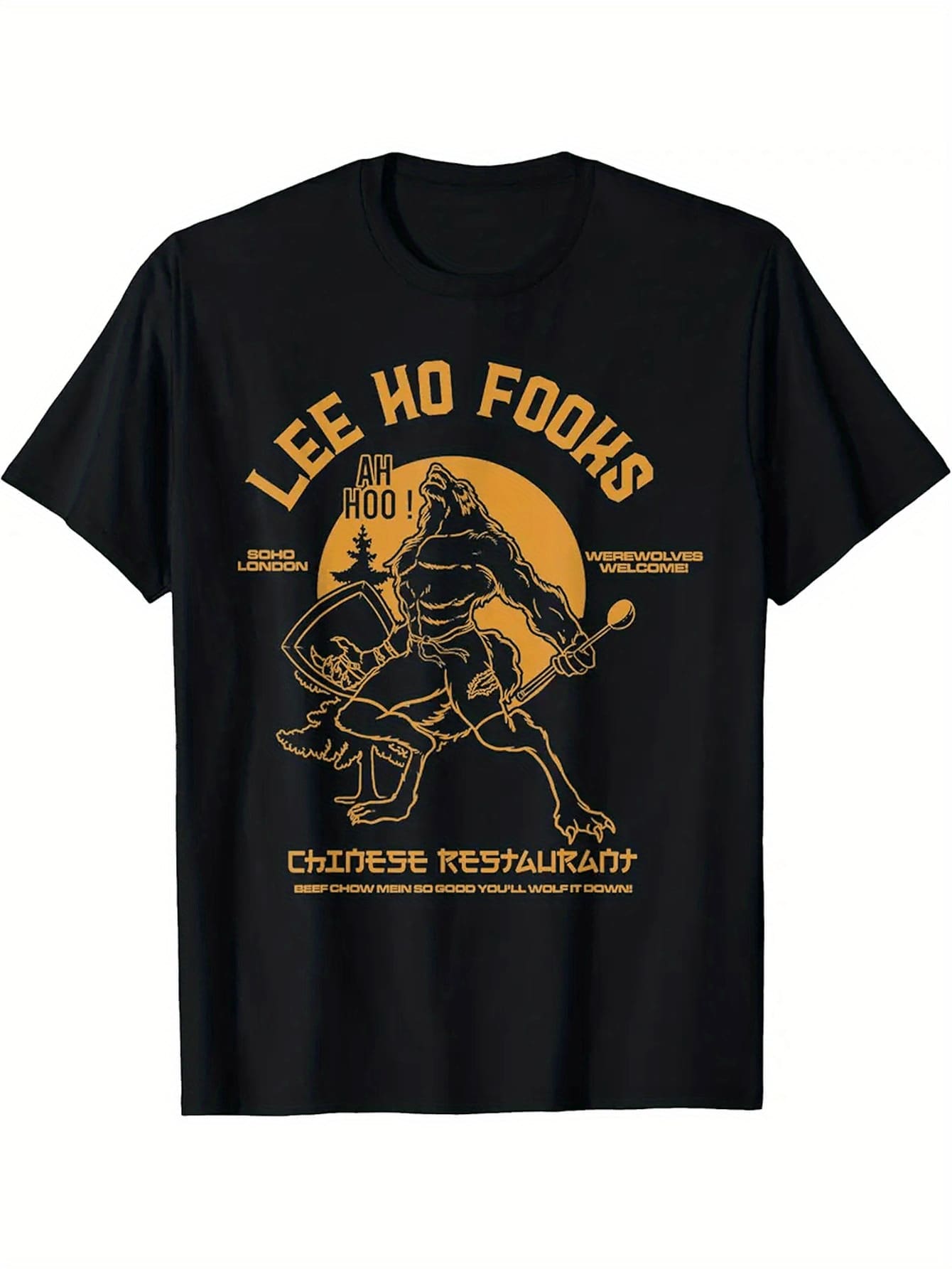 Camiseta de inspiración vintage  Ho Fook, unisex, diseño clásico de restaurante chino, camiseta retro casual negra con gráfico de puesta de sol, tallas para adultos, cuello redondo, corte holgado, tela ligeramente elástica, perfecta para todas las estaciones. - Negro - Ver 1
