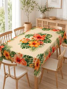 1pc Tropical Hibiscus Orange Floral Print Tablecloth, Beige Background With Citrus Green Leaf Pattern, Vintage Country Style, Outdoor Summer Party Decor, Stain-Resistant And Easy To Clean, Camping Picnic Essential - Multicolor - View 3