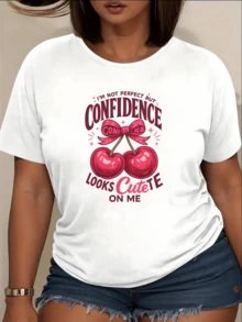 Two Cherries Joined By A Pink Ribbon Symbolize Sweetness, Confidence, And Joy, Conveying A Positive Message Of Self-Love And Modern Charm. A Comfortable And Attractive Casual Women's T-Shirt For Summer. - 白色 - 查看 6